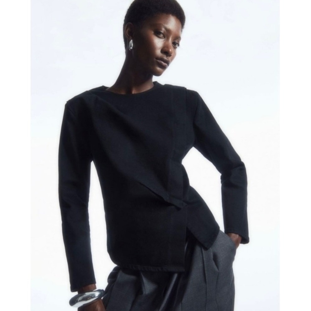 COS Draped Denim Asymmetric Top 6 Black Minimalist Preppy Chic Office